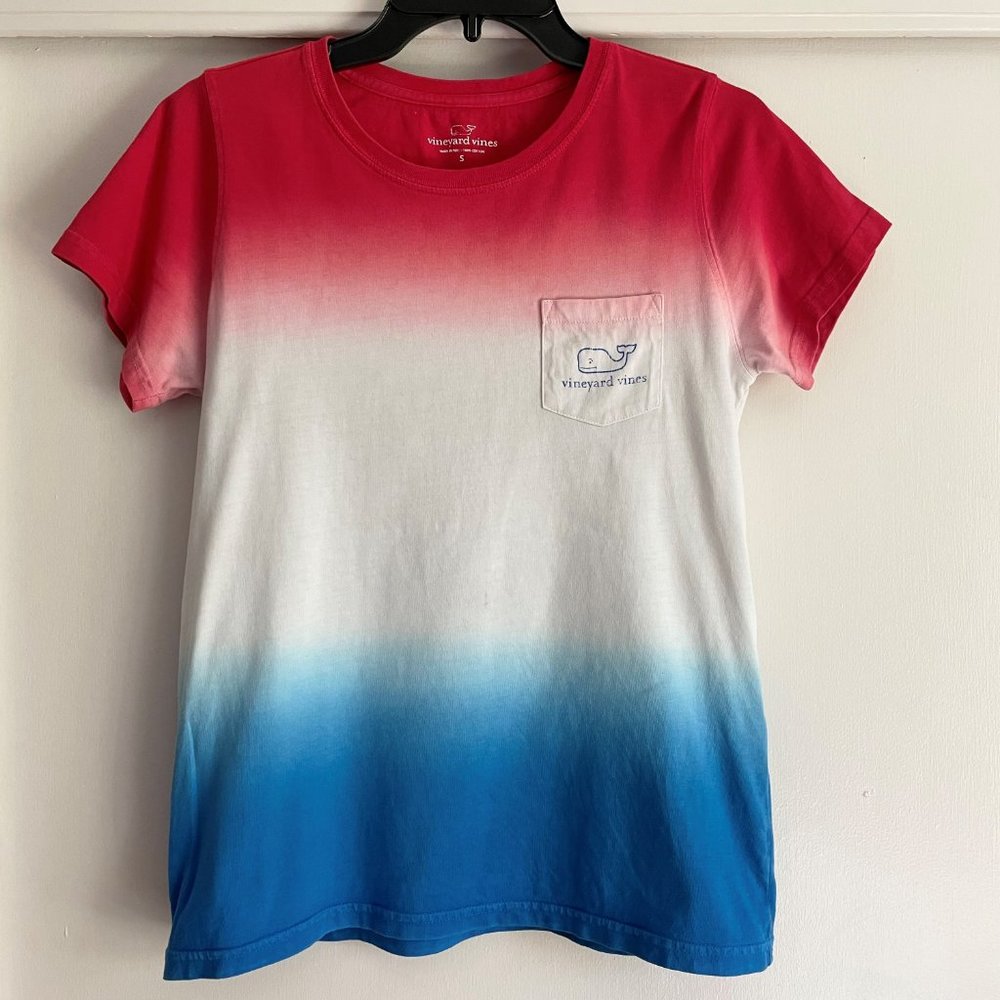 Vineyard Vines Dip Tie Dye Short Sleeve Crew Whale T Shirt Top Red White Blue S